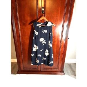 CHAUS Petite Women's Size 10 Knee-Length Dress Lined Back Tie Navy/Tan Floral